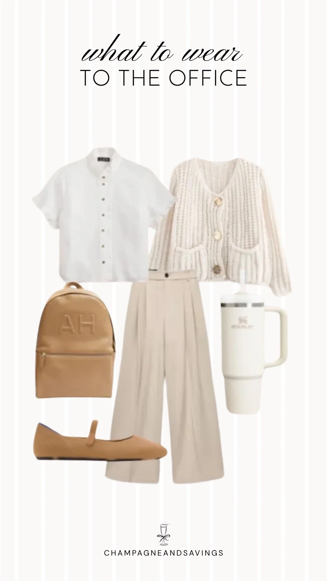 Collage of outfit pieces featuring a white button down styled with a cream cardigan and wide leg trousers for a chic and cozy summer office outfit idea when the office is freezing.