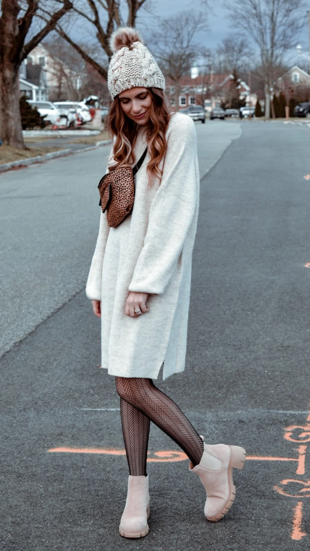Belted Sweater Dress with Tights