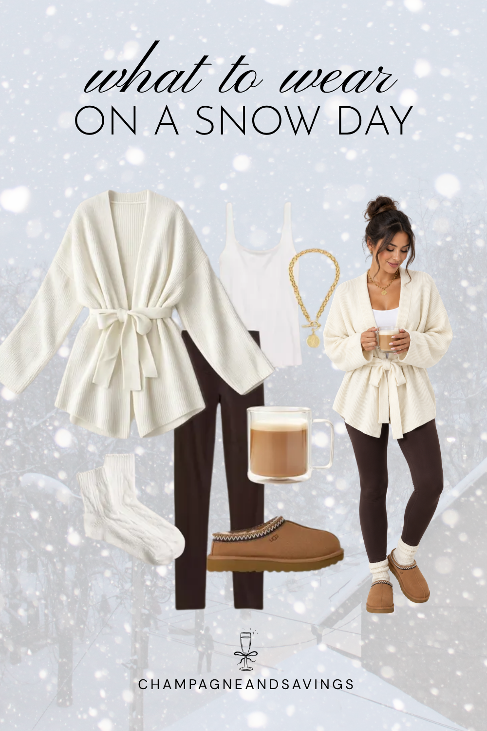 Trendy snow day outfit idea featuring a cardigan, leggings, and slippers, shown in a collage of outfit pieces.