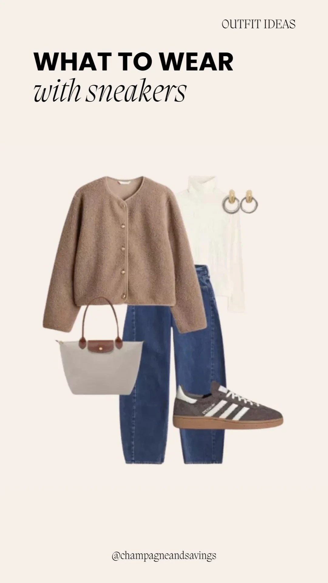 Collage showing a cozy cardigan paired with Everyday Adidas sneakers for a casual look.