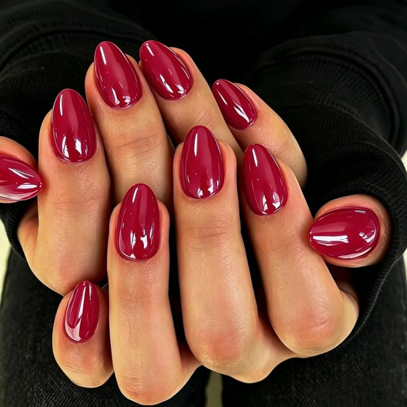 Fall chrome nail idea featuring the wet cherry trend