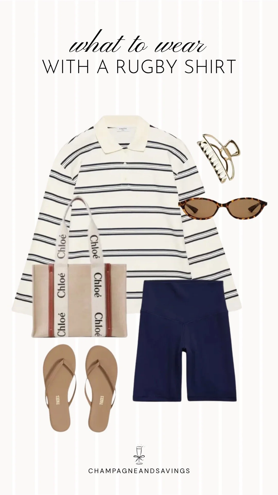 A casual rugby shirt outfit featuring an oversized rugby shirt styled with bike shorts and flip flops, creating an easy, laid-back look perfect for running errands, travel days, or relaxed weekends.