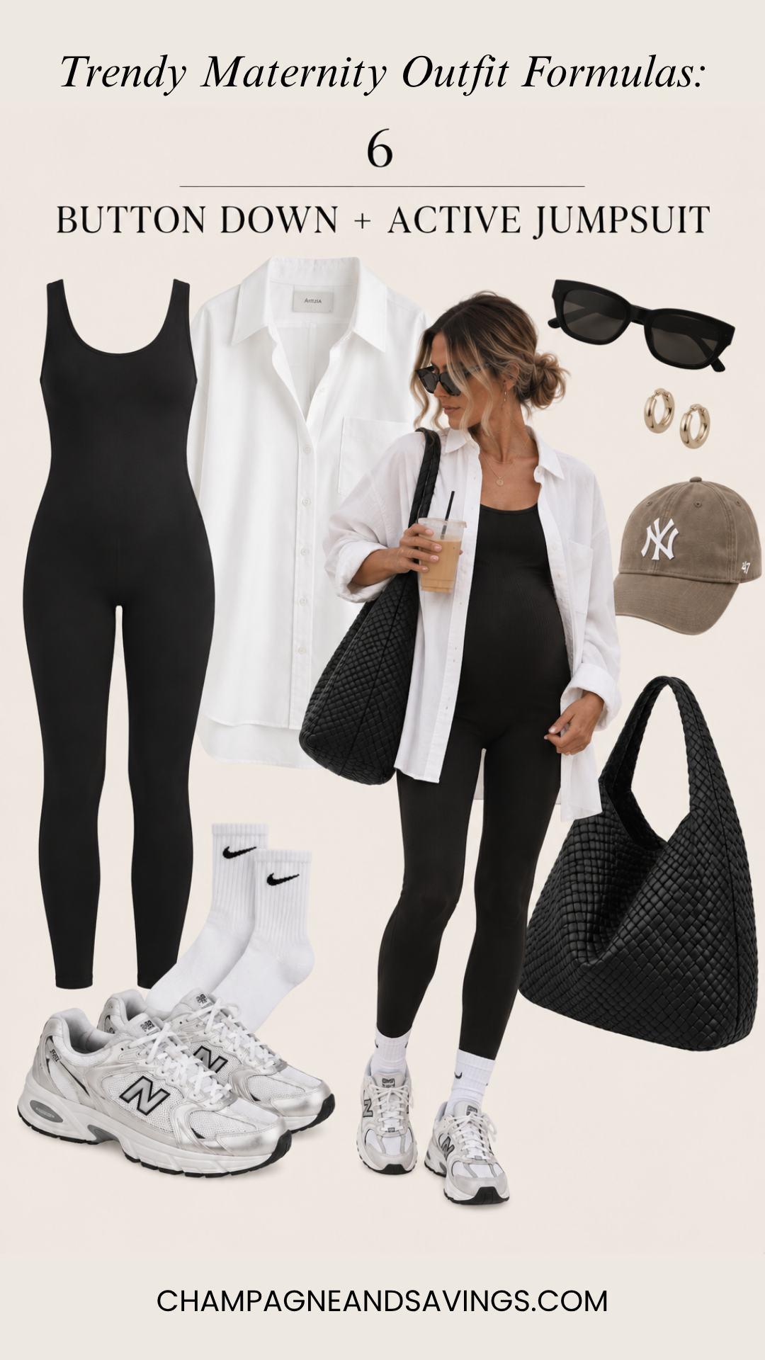Button-down over an active jumpsuit pregnancy outfit formula featuring a collage of outfit pieces and a styled look for a trendy pregnancy outfit.