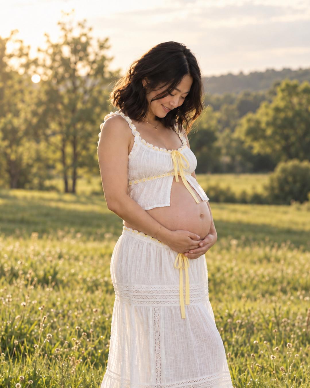 White two-piece maternity outfit in grassy field