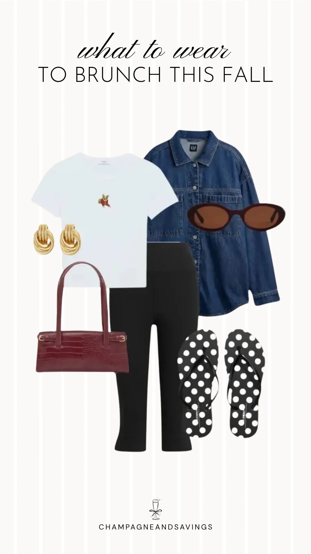 Collage of outfit pieces featuring a denim shirt layered over a graphic tee with capri leggings for a casual and sporty fall brunch outfit idea.