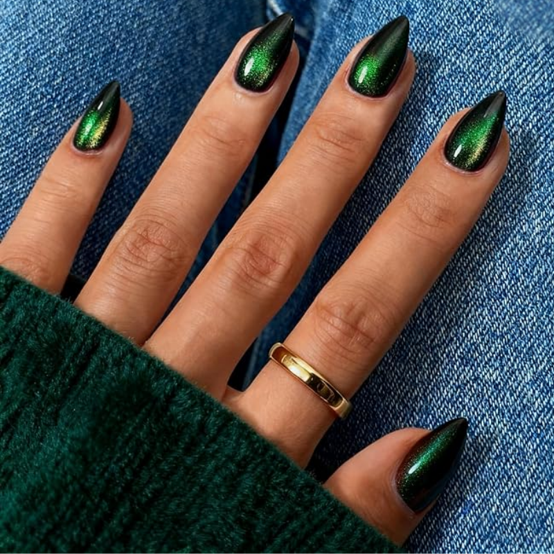 Fall chrome nail idea featuring the emerald cat eye trend
