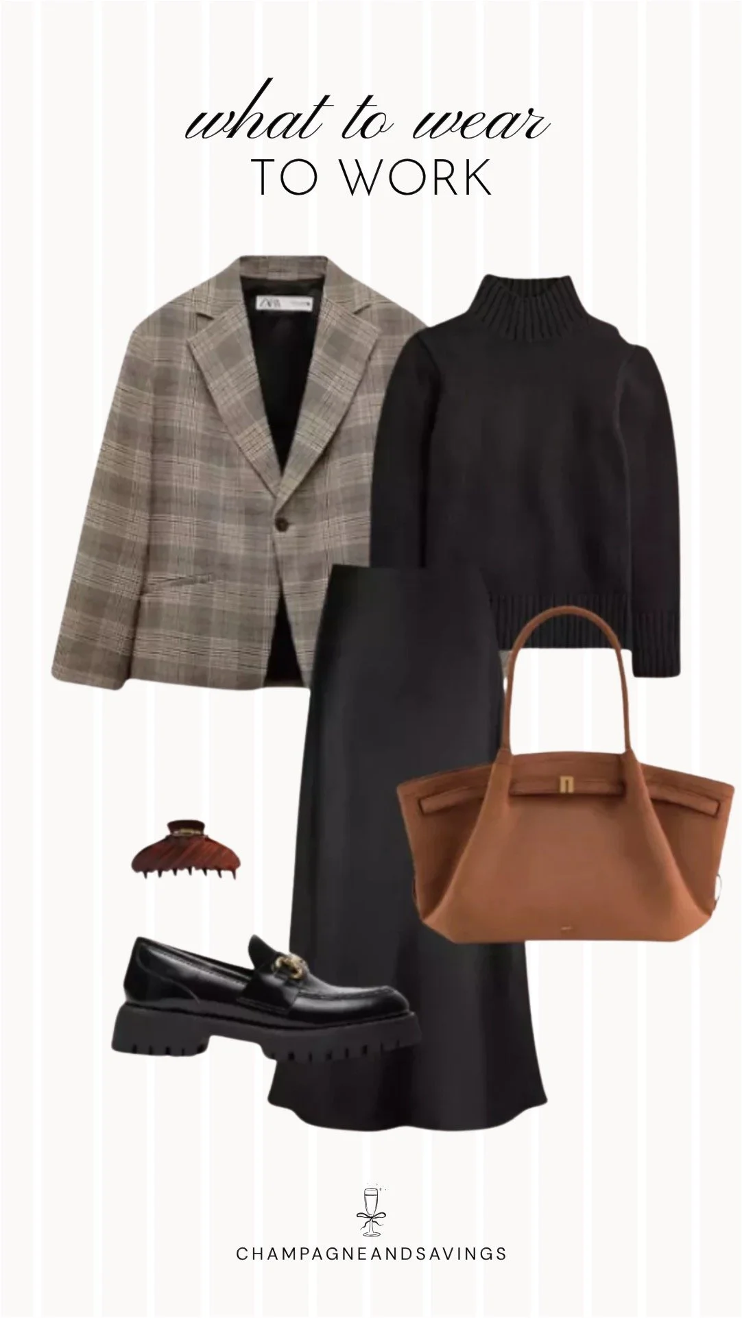 Edgy work outfit collage featuring a plaid blazer layered over a black turtleneck and styled with chunky loafers, creating a polished yet modern office look with a bold, fashion-forward edge.