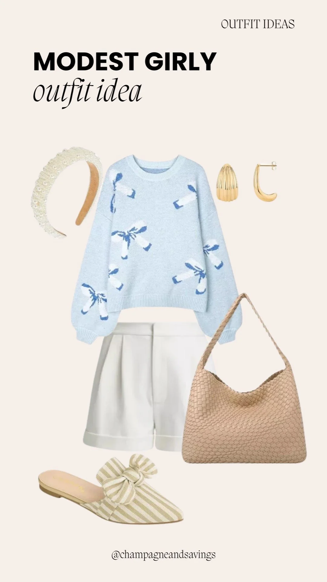 Modest girly outfit idea featuring a blue sweater paired with tailored shorts, styled together as coordinated outfit pieces.