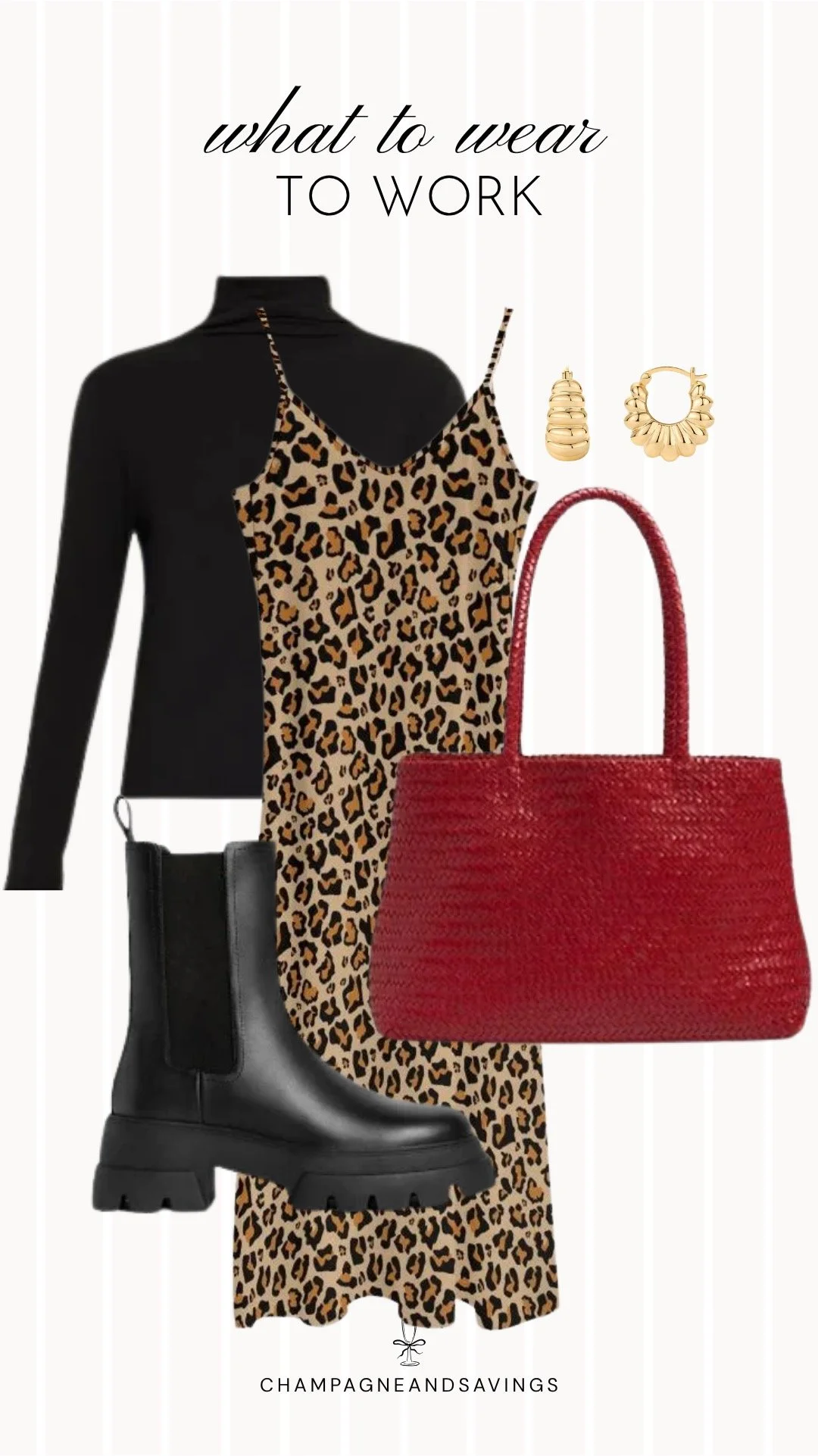 Edgy work outfit collage featuring a leopard print slip dress layered over a turtleneck and paired with chunky boots, creating a bold yet polished office look with modern layering and statement style.