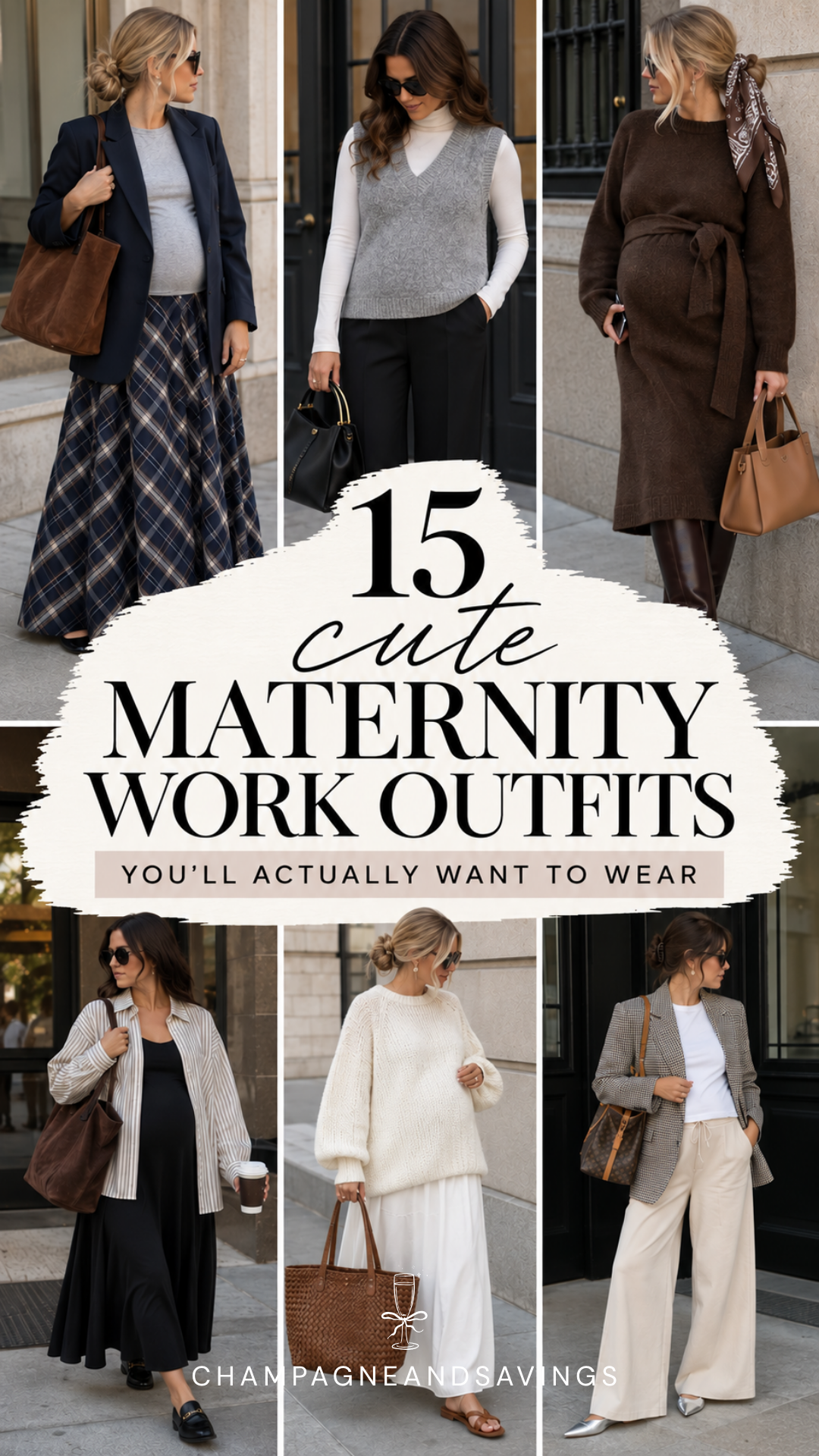 Image that says 15 Cute Maternity Work Outfits You'll Actually Want to Wear and has a collage of girls in styled outfits in the background.