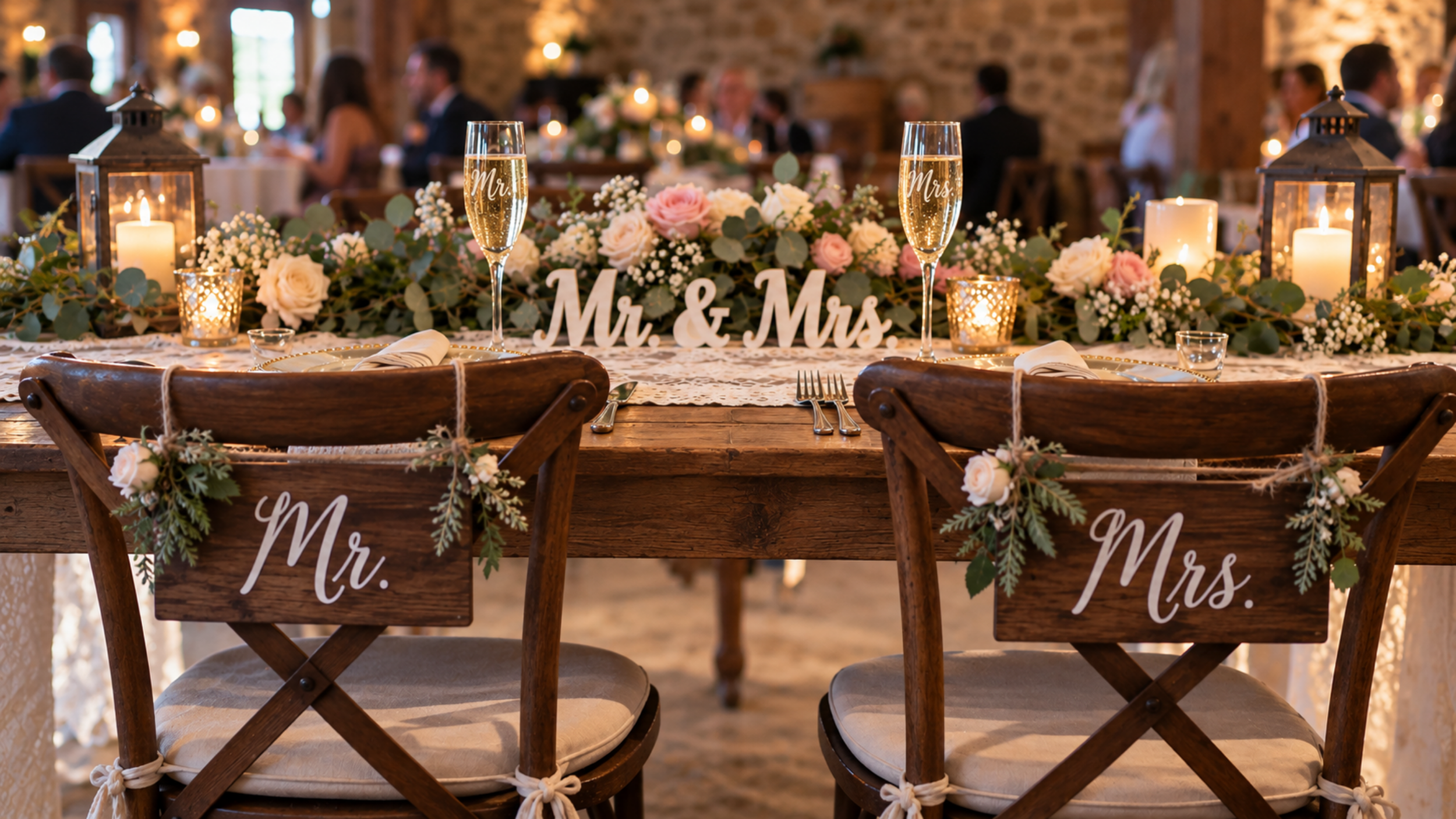 Wedding sweetheart table decorated with matching Mr. and Mrs. chair signs, champagne flutes, and wooden lettering.