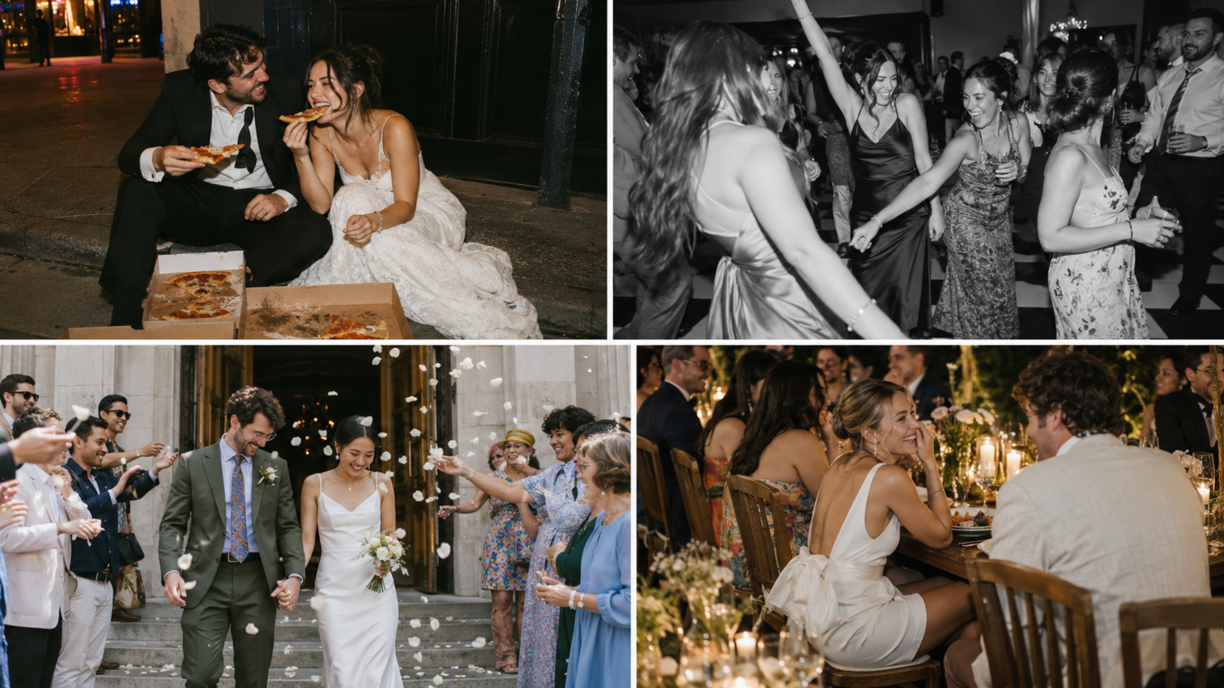 Relaxed wedding celebration collage featuring newlyweds eating pizza, guests dancing, a petal-filled exit, and a candlelit dinner.