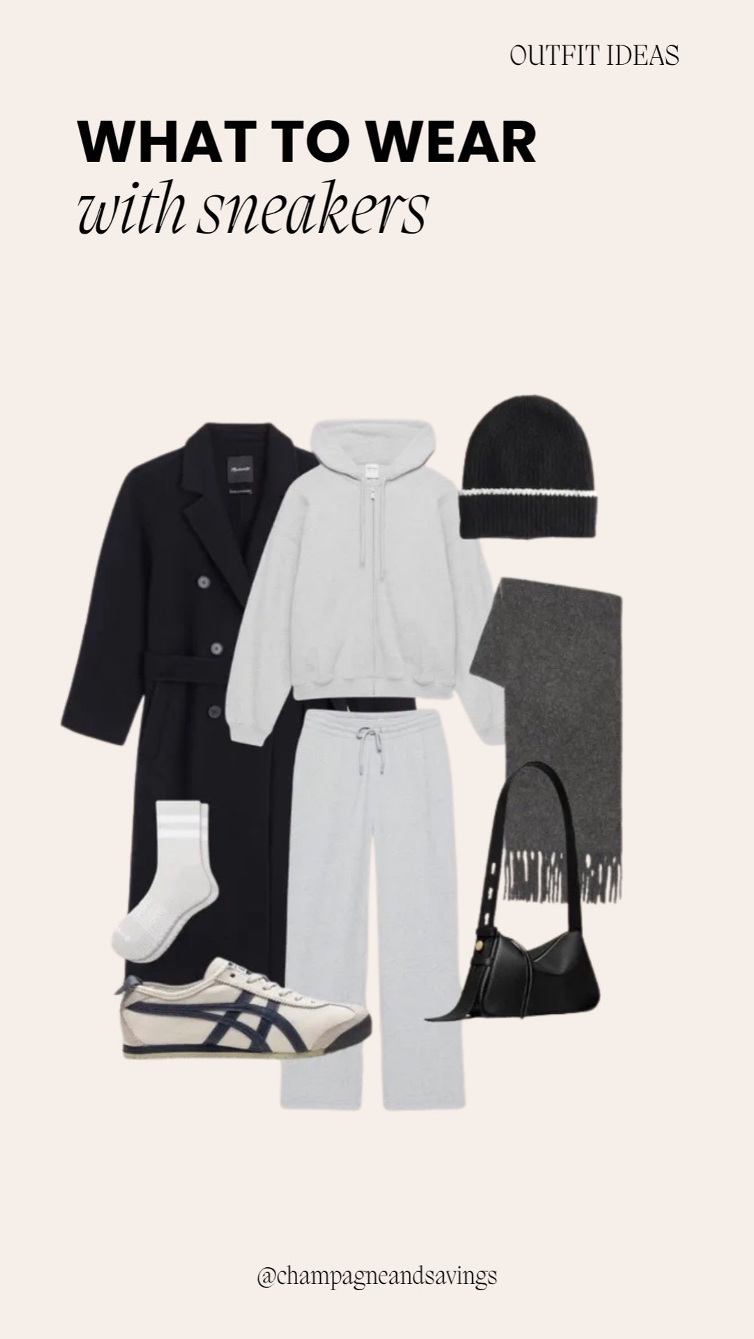 Collage showing a sweat set paired with classic runners for a comfortable, stylish look.