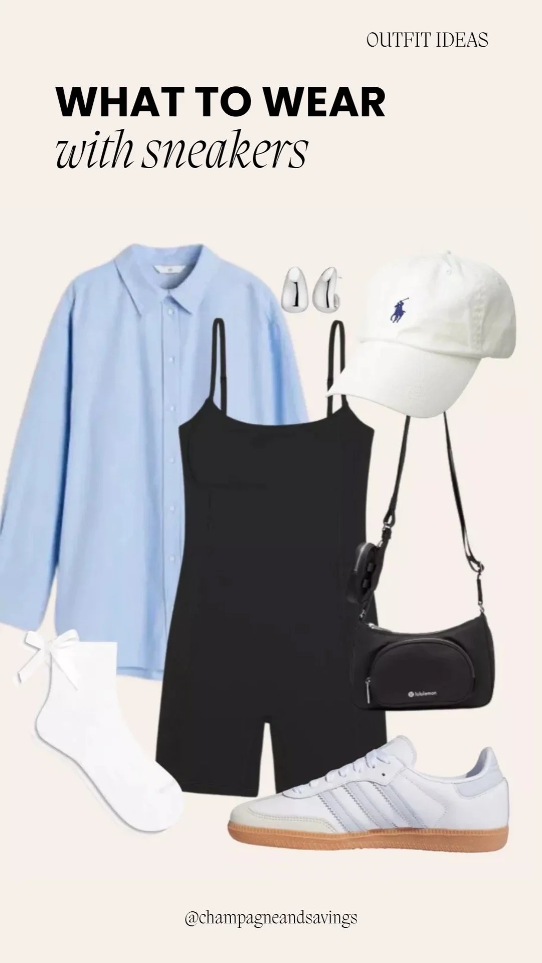 Collage showing a sporty romper paired with Samba sneakers for a playful, casual look.