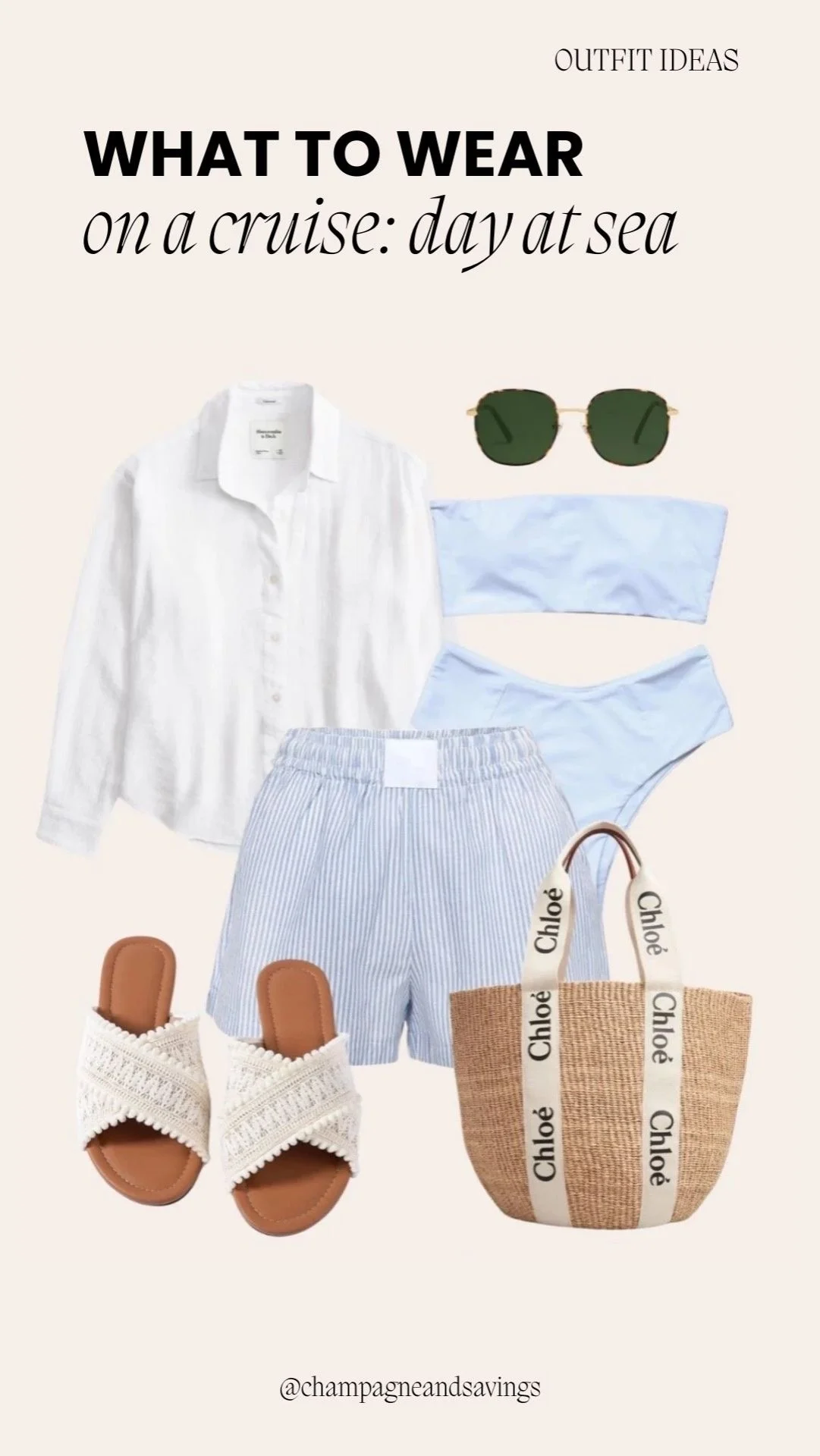 Button-down shirt paired with striped shorts, styled as a casual cruise outfit perfect for daytime activities and seaside strolls.