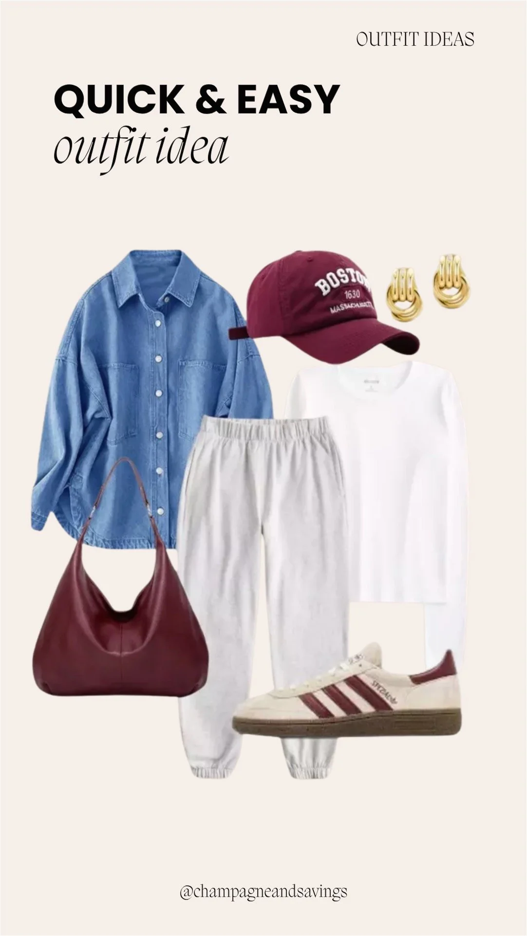 Collage of outfit pieces featuring a denim shacket, joggers, and a white long-sleeve top for a comfortable, casual-chic look.