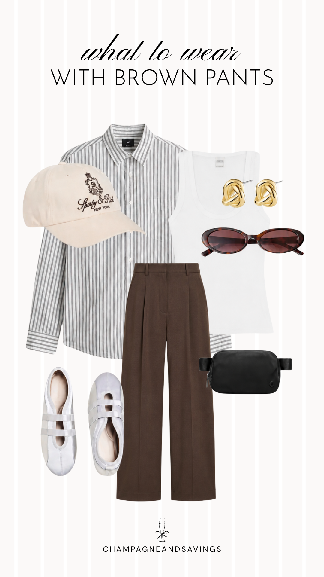 Brown pants outfit idea collage featuring a striped button-down shirt styled with wide leg brown trousers for an effortlessly chic everyday look.