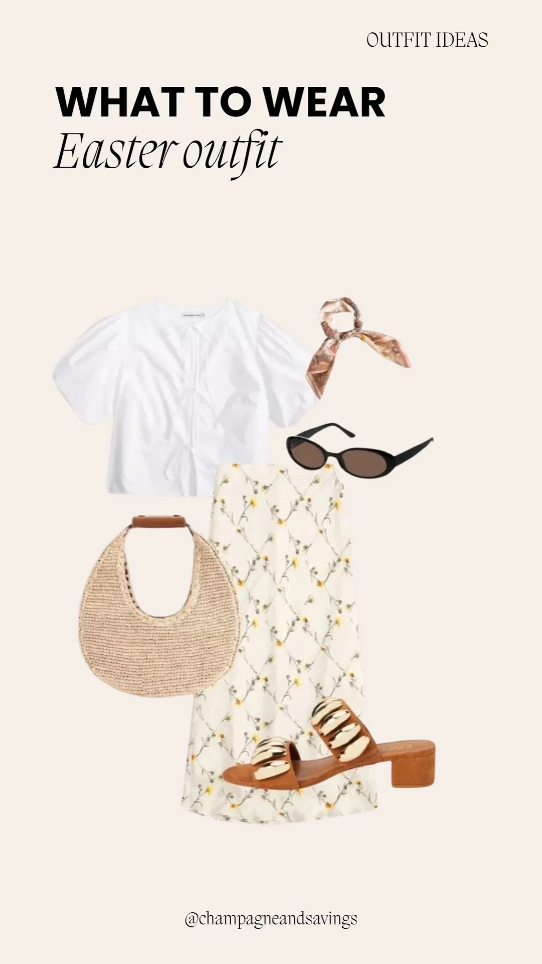 Easter outfit ideas collage showing a white blouse paired with a floral midi skirt and coordinating accessories.