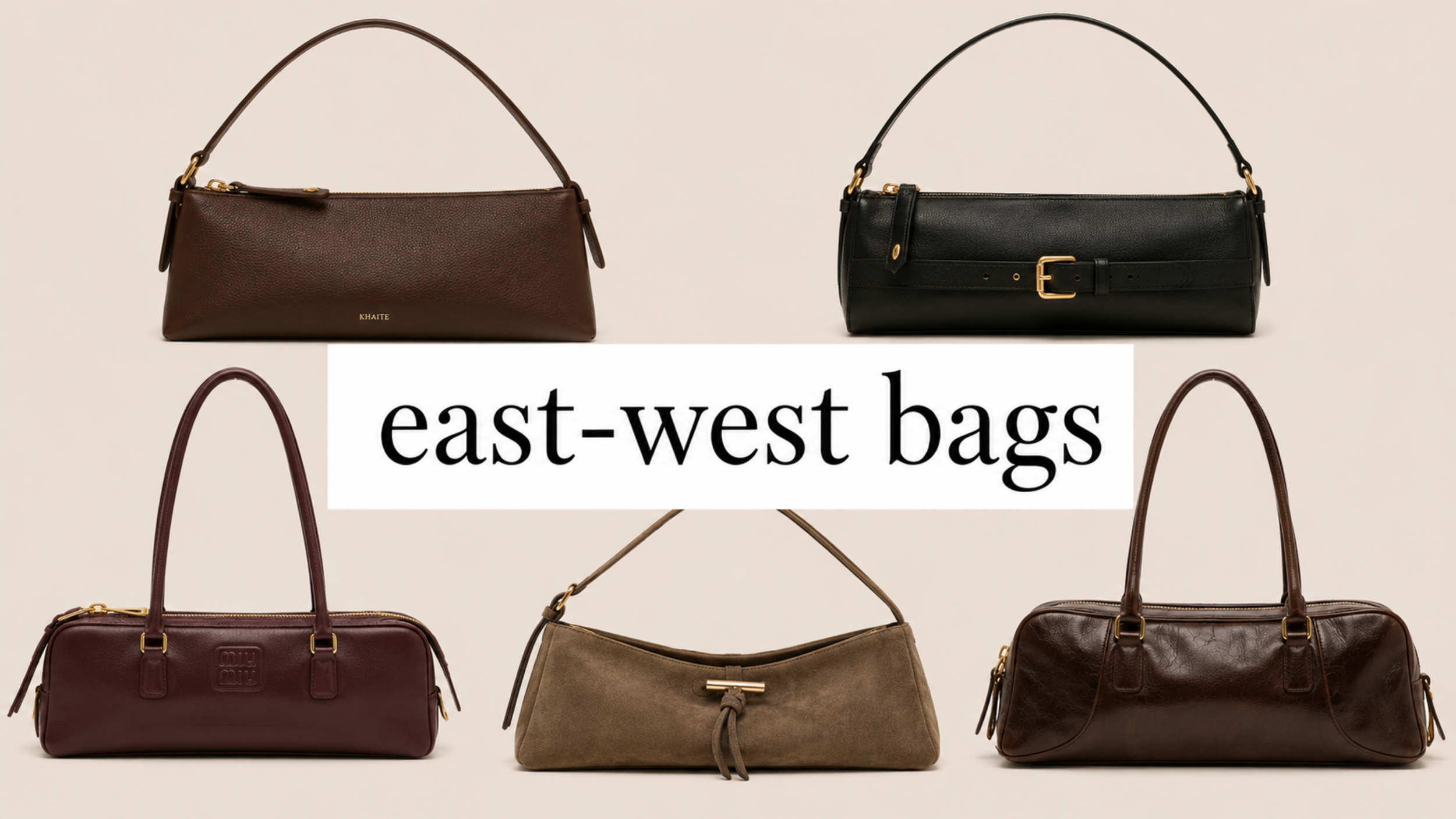 East-west bag fashion trend for 2027 featuring a collage of elongated horizontal handbags in trending shapes, colors, and styles.