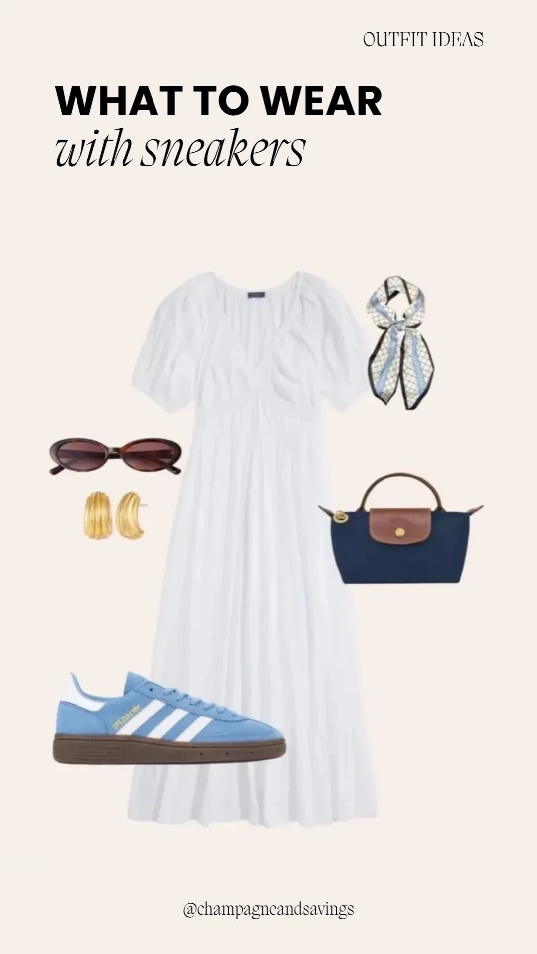 Collage showing a feminine dress styled with a pop of blue and sneakers for a playful look.
