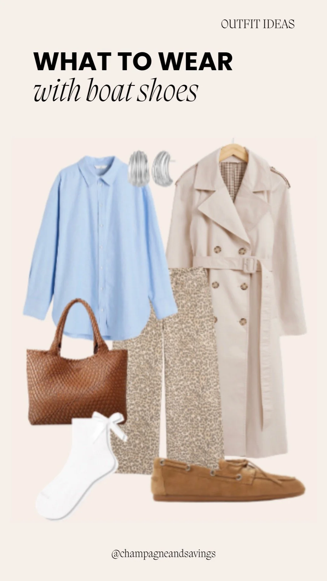 Outfit featuring boat shoes styled with a trench coat and printed jeans