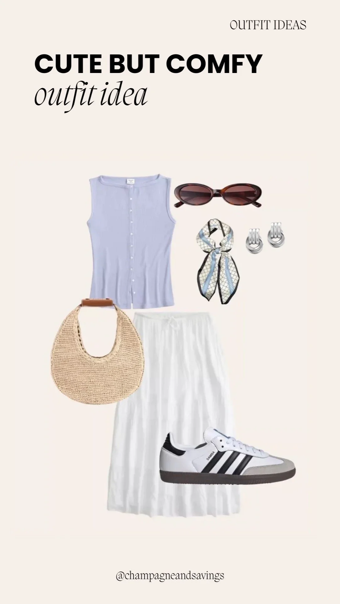 Outfit collage showing a cute and comfy outfit idea with a lavender tank top and white skirt.