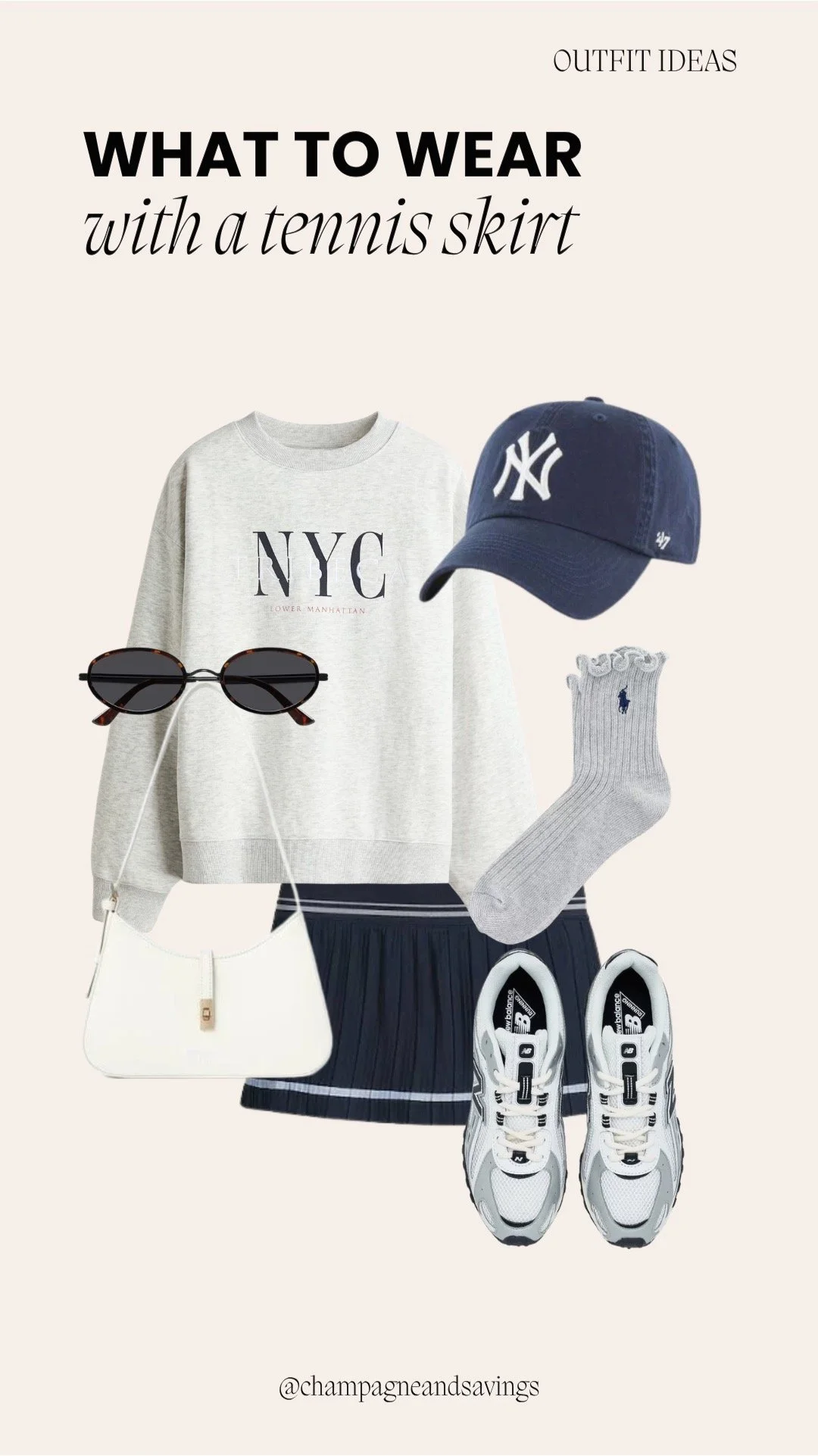 Tennis skirt outfit collage featuring a pleated tennis skirt styled with a sweatshirt and a baseball cap for a casual, sporty look.