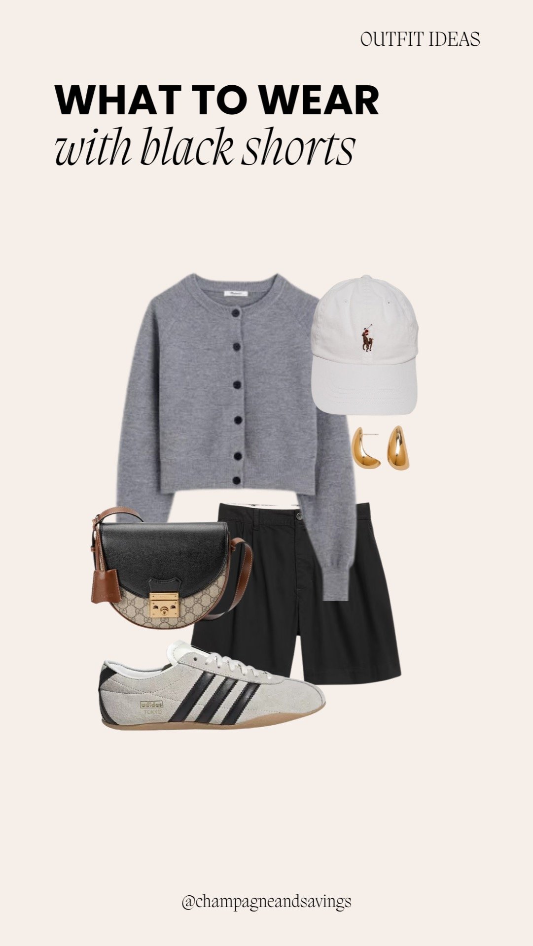 Collage of outfit pieces for a “Casual Cardigan Vibes” black shorts look, featuring black shorts paired with a cozy cardigan and relaxed accessories, styled in a laid-back casual aesthetic.