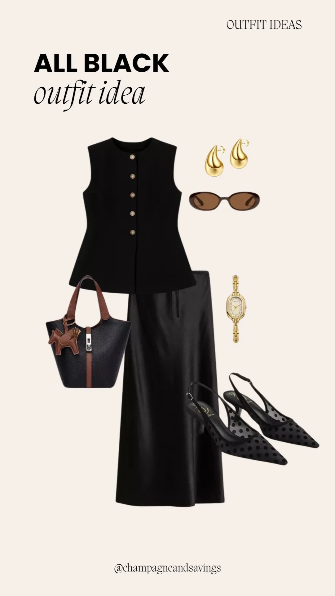 Outfit collage showing a cute and comfy all-black outfit idea with a tailored vest and satin midi skirt.
