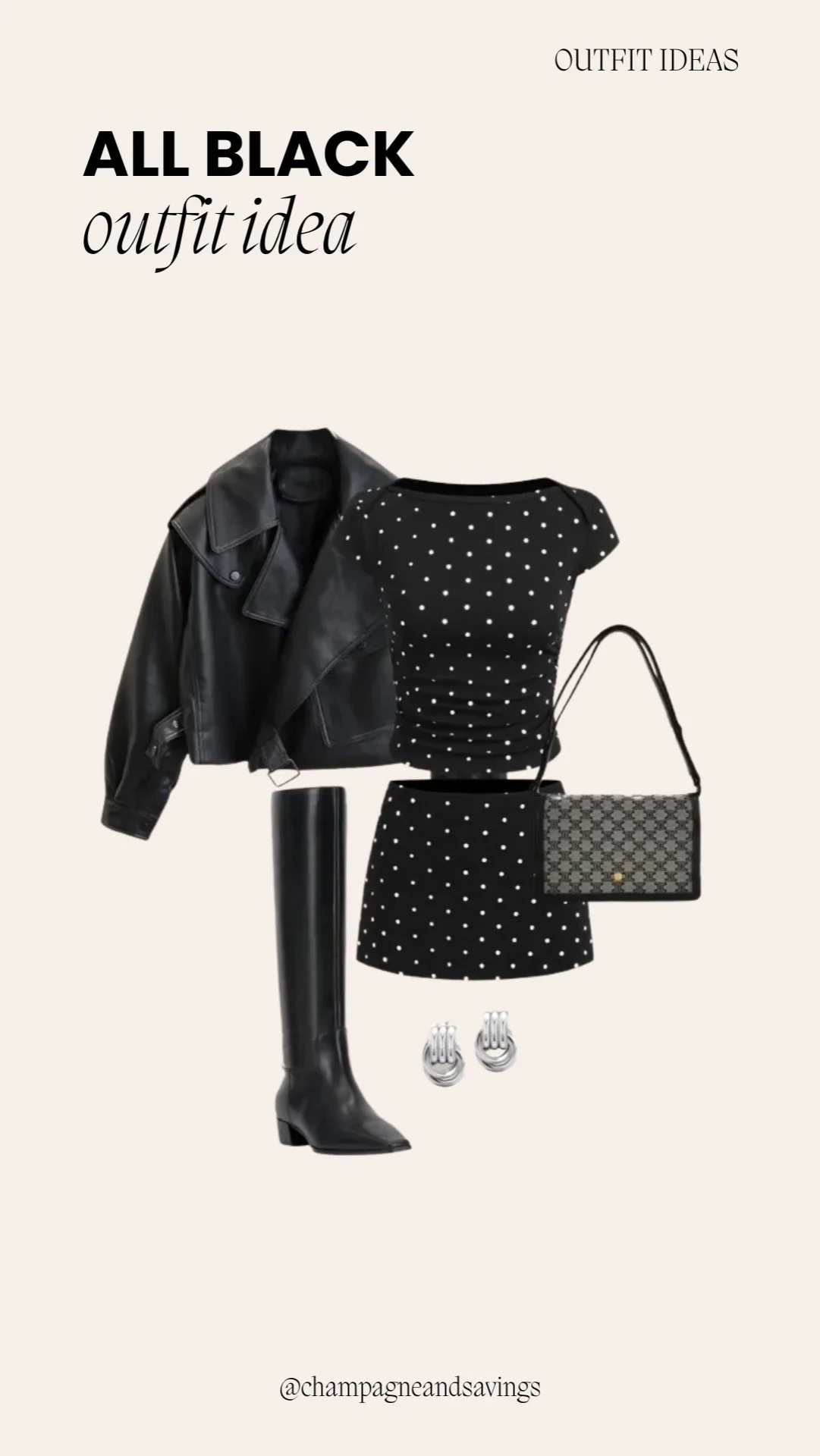 Outfit collage showing a cute and comfy all-black outfit idea with an edgy polka dot mini dress and a leather jacket.