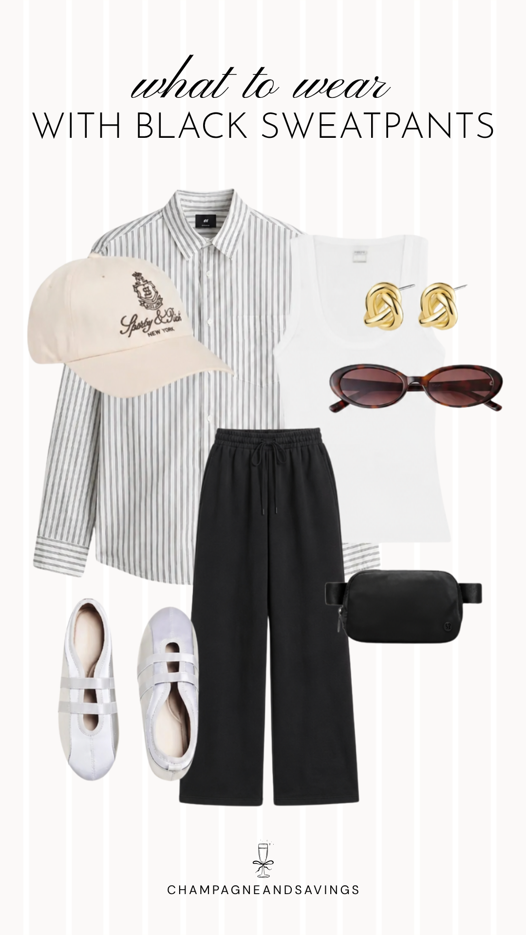 Black sweatpants outfit idea collage featuring a striped button down layered over a tank with black wide leg sweatpants for a casual, put-together look.