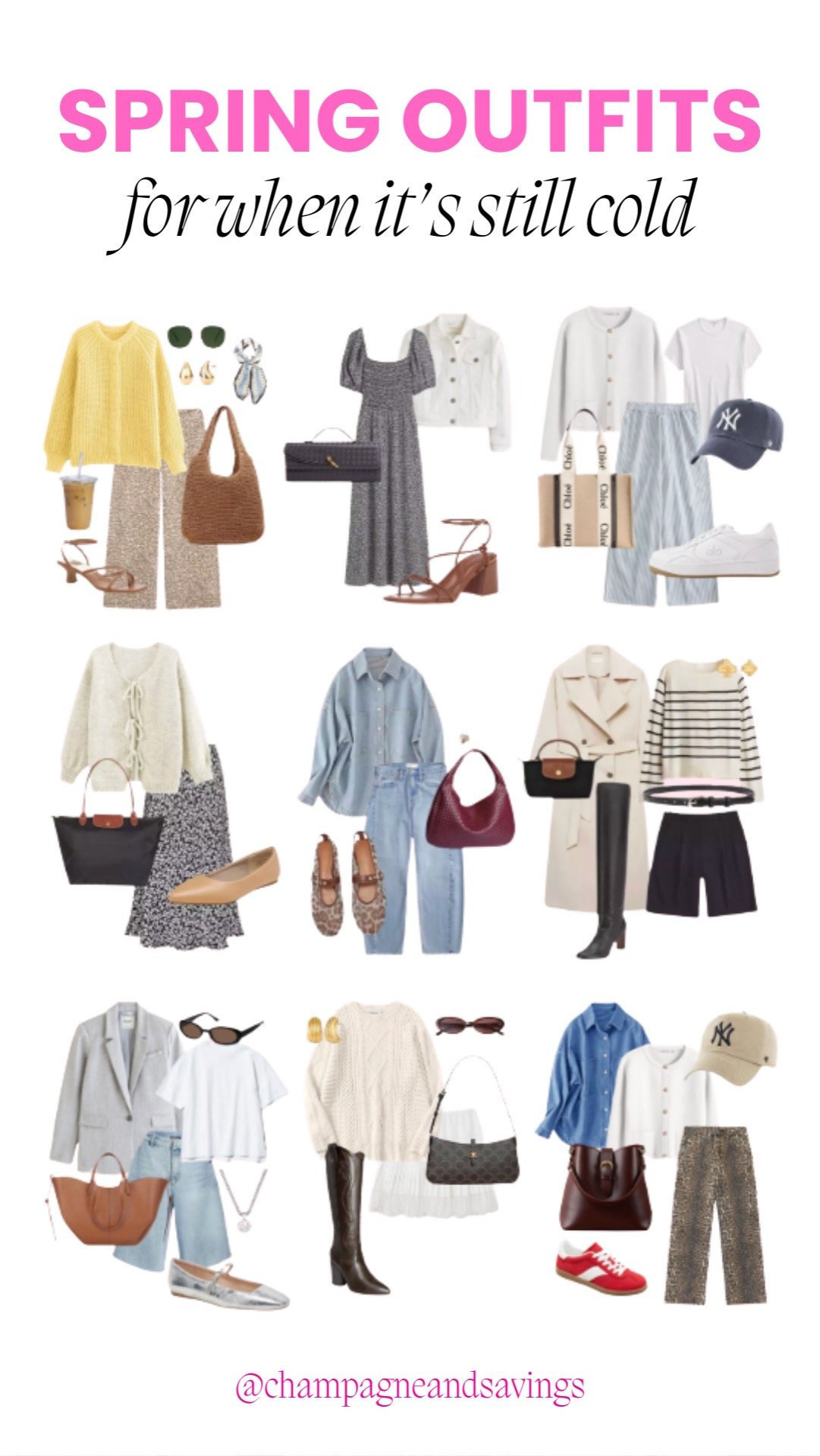 Collage showing outfit ideas for cold weather, including layered jackets, sweaters, and cozy accessories for chilly spring days.