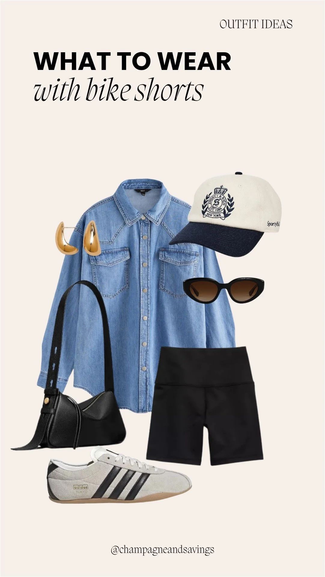 collage of bike shorts outfit idea featuring black bike shorts styled with an oversized denim shirt and casual sneakers, including outfit pieces arranged on a clean background