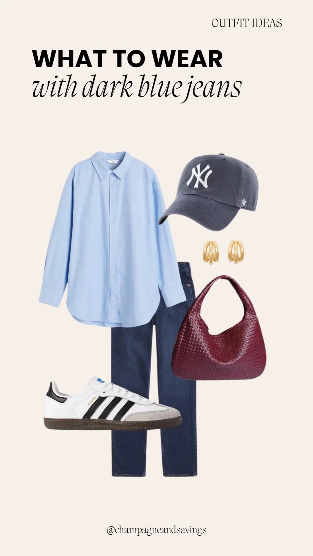 Collage of outfit pieces for a “Blue Button Down + Baseball Cap” dark denim look, featuring dark denim paired with a blue button-down shirt and a casual baseball cap, styled in a relaxed sporty aesthetic.