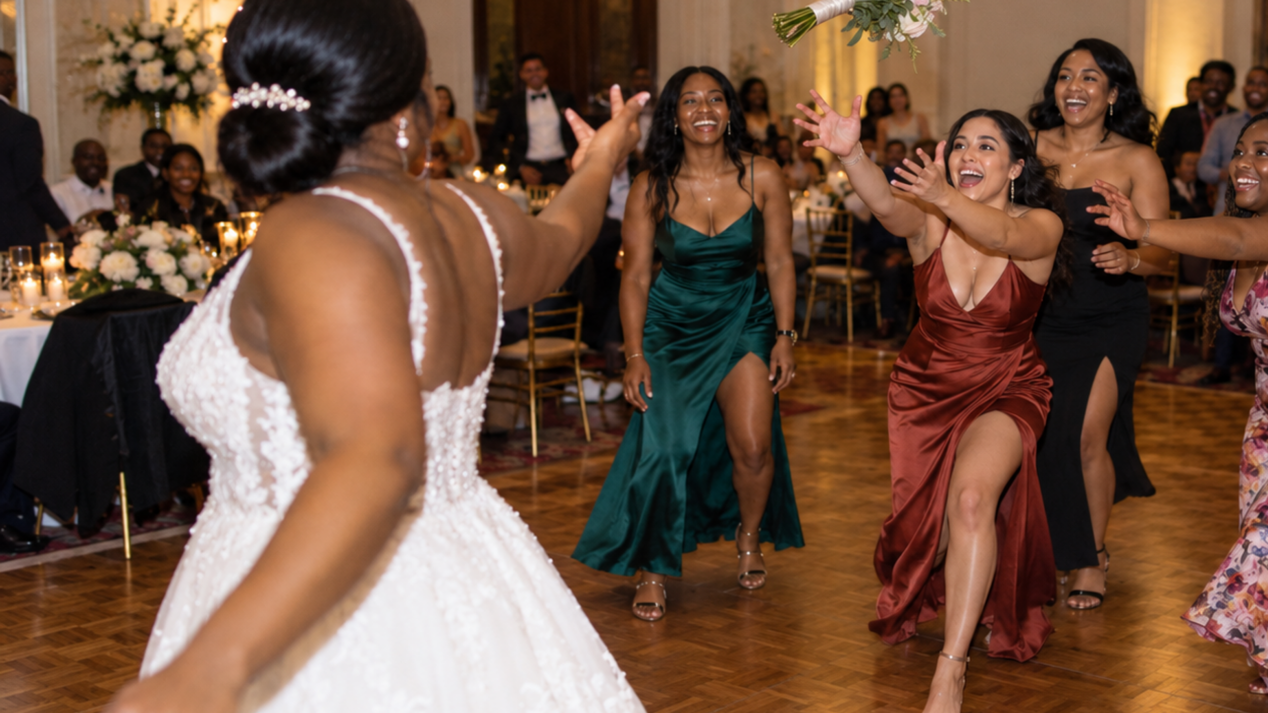 Bride tossing her bouquet toward a group of women reaching to catch it at the reception.