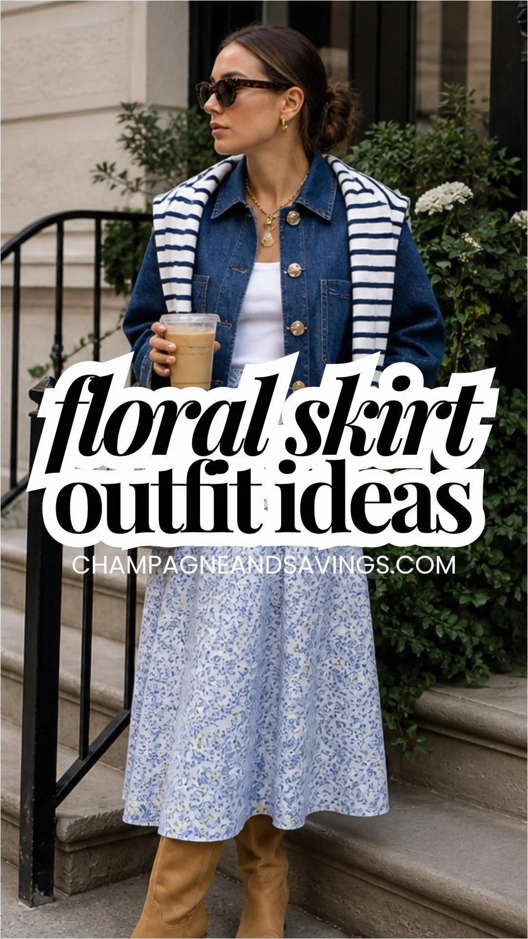 Image that says floral skirt outfit ideas. andhas a girl in the background in a styled outfit