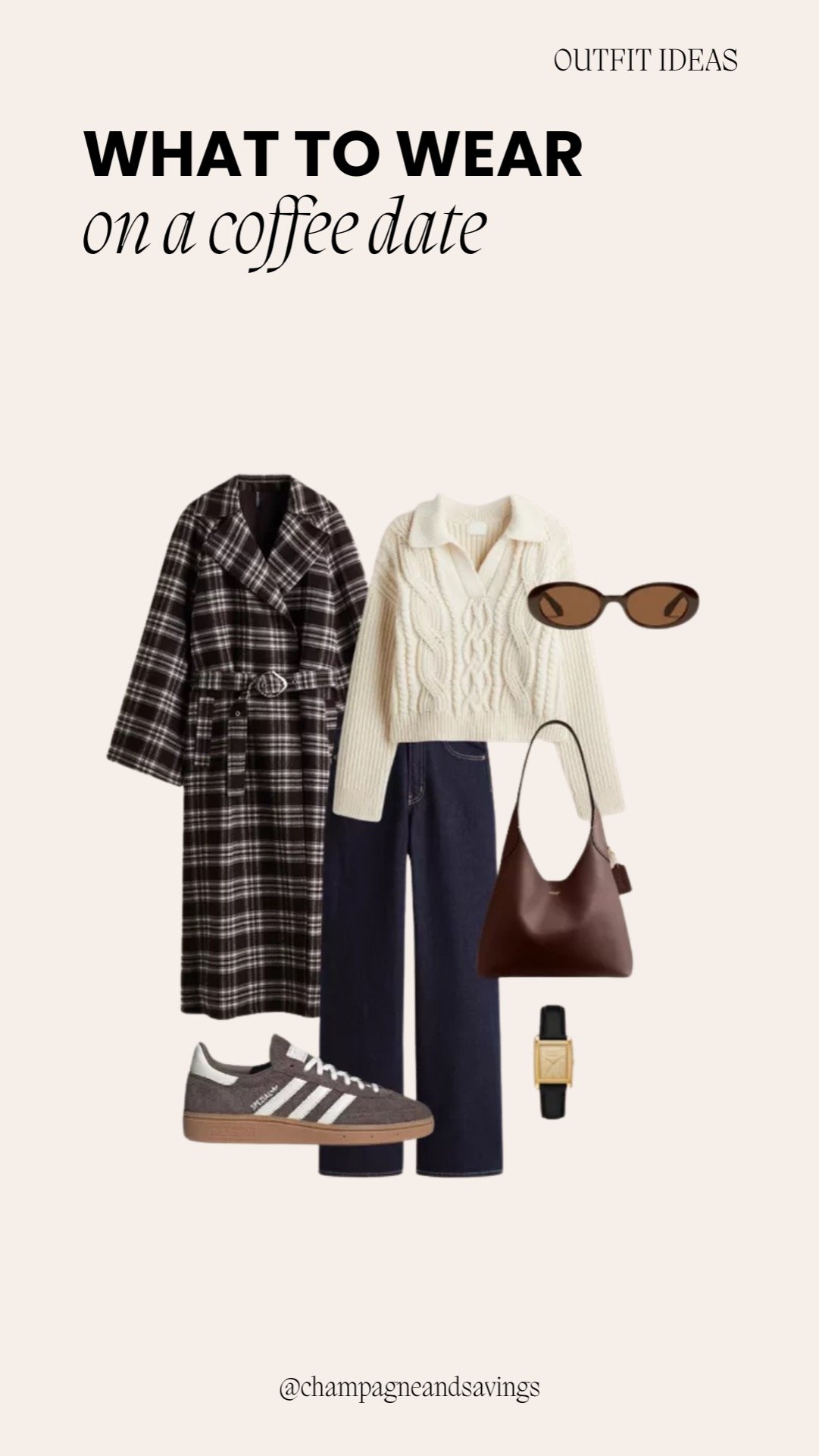 Coffee date outfit ideas collage featuring styled pieces including a plaid coat and cable knit for a cozy, effortless café look