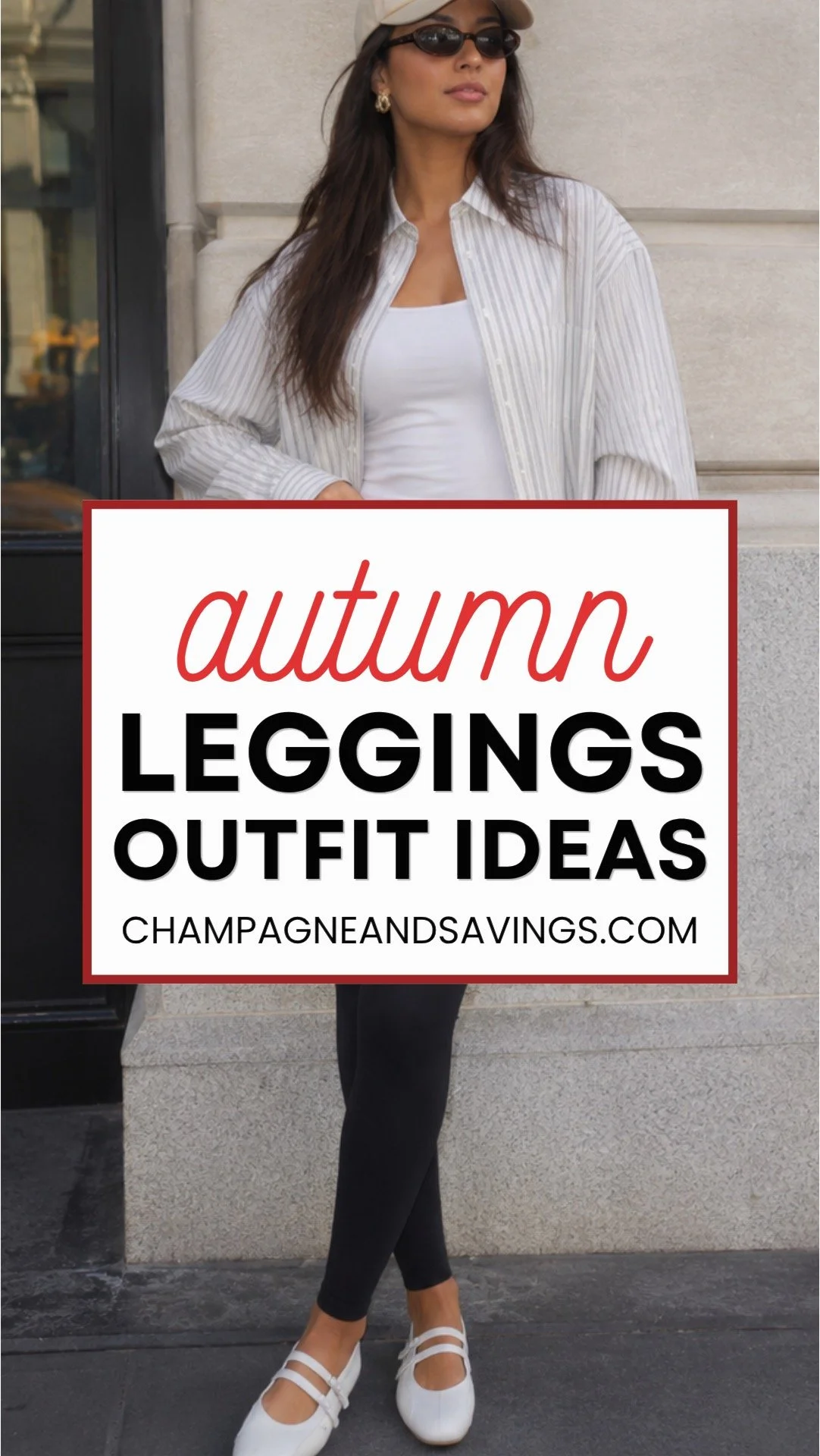 Image that says "Autumn Leggings Outfit Ideas" and has a girl in the background in a styled outfit.