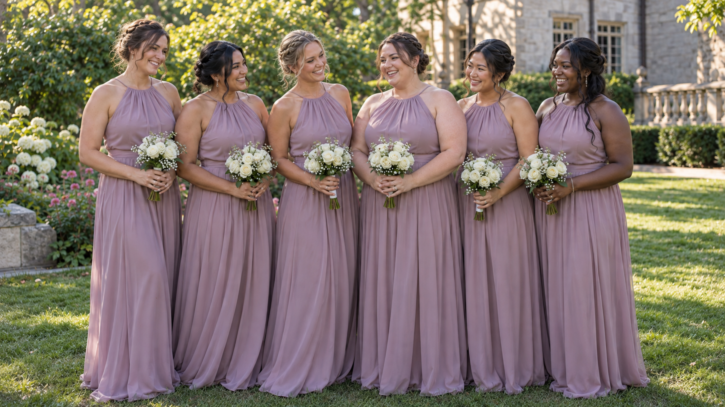 Six bridesmaids wearing matching mauve floor-length dresses and holding white bouquets.