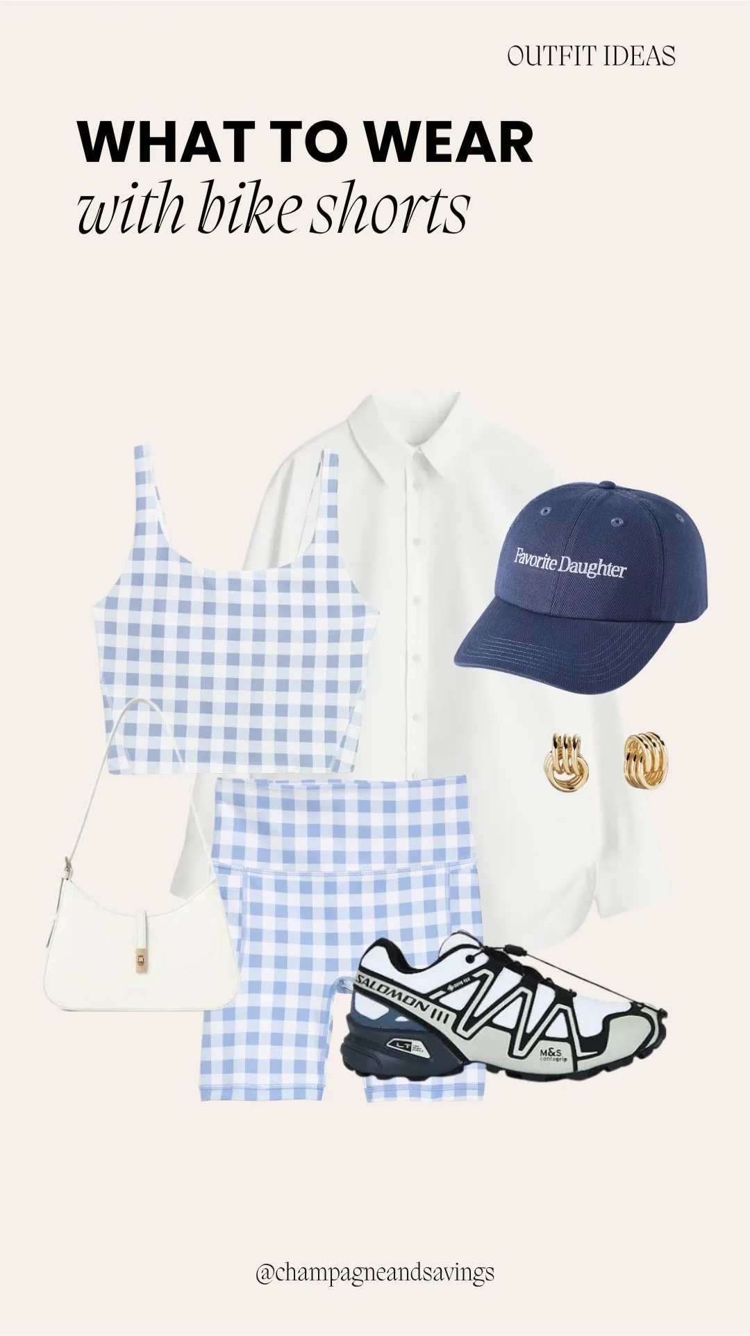 collage of bike shorts outfit idea featuring bike shorts styled with a gingham set layered with an oversized button down, including coordinated outfit pieces arranged on a clean background
