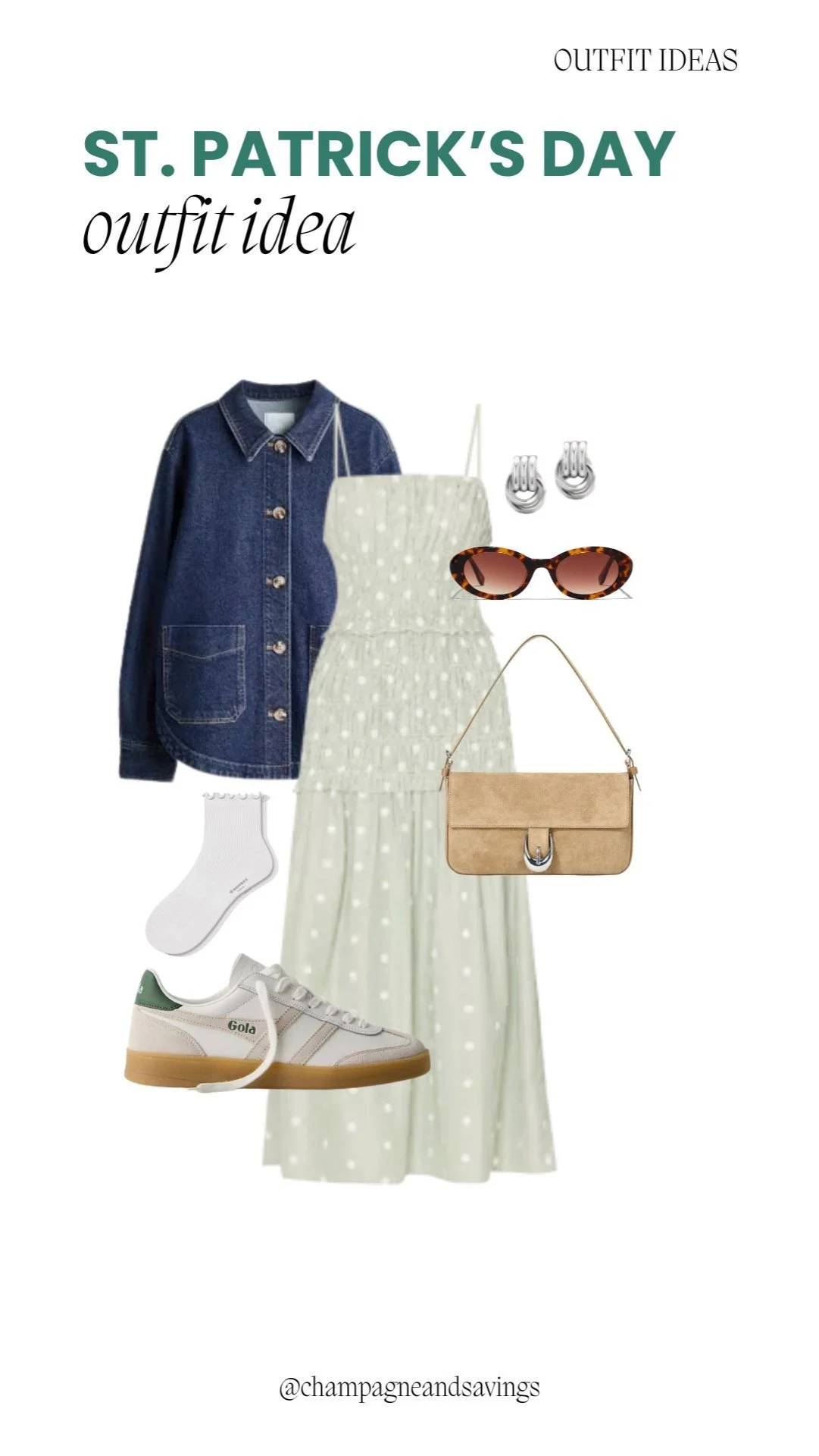 Soft green dress styled with a light blue denim shirt for a casual St. Patrick’s Day outfit.