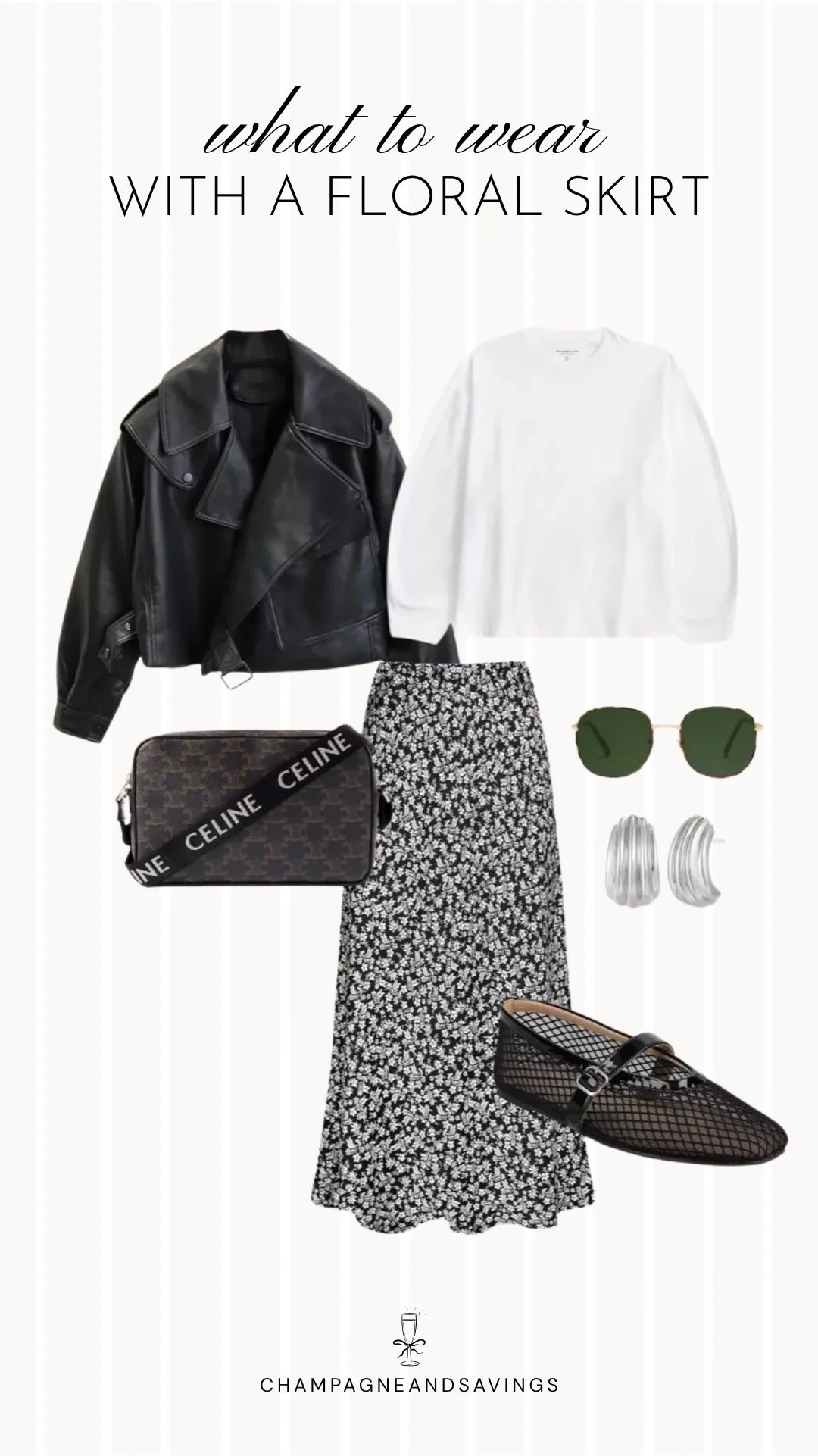 Collage of outfit pieces featuring a floral skirt styled with a leather jacket and mesh flats for an edgy, modern outfit