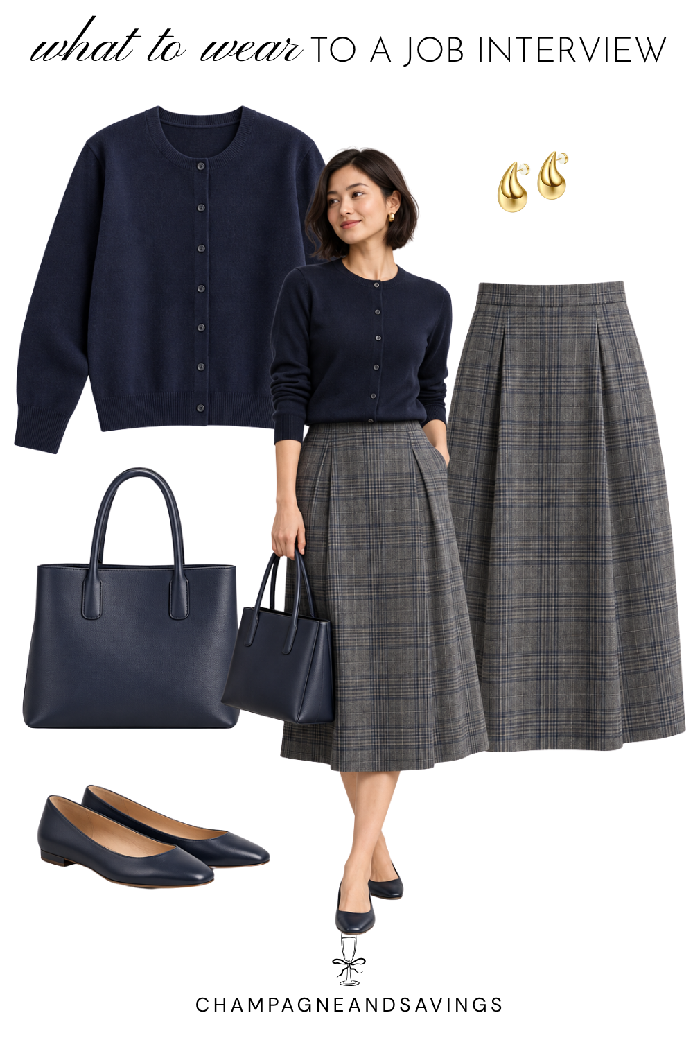 Job interview outfit idea for women featuring a navy cardigan paired with a subtle plaid midi skirt, shown in a collage of outfit pieces for a polished, professional look.