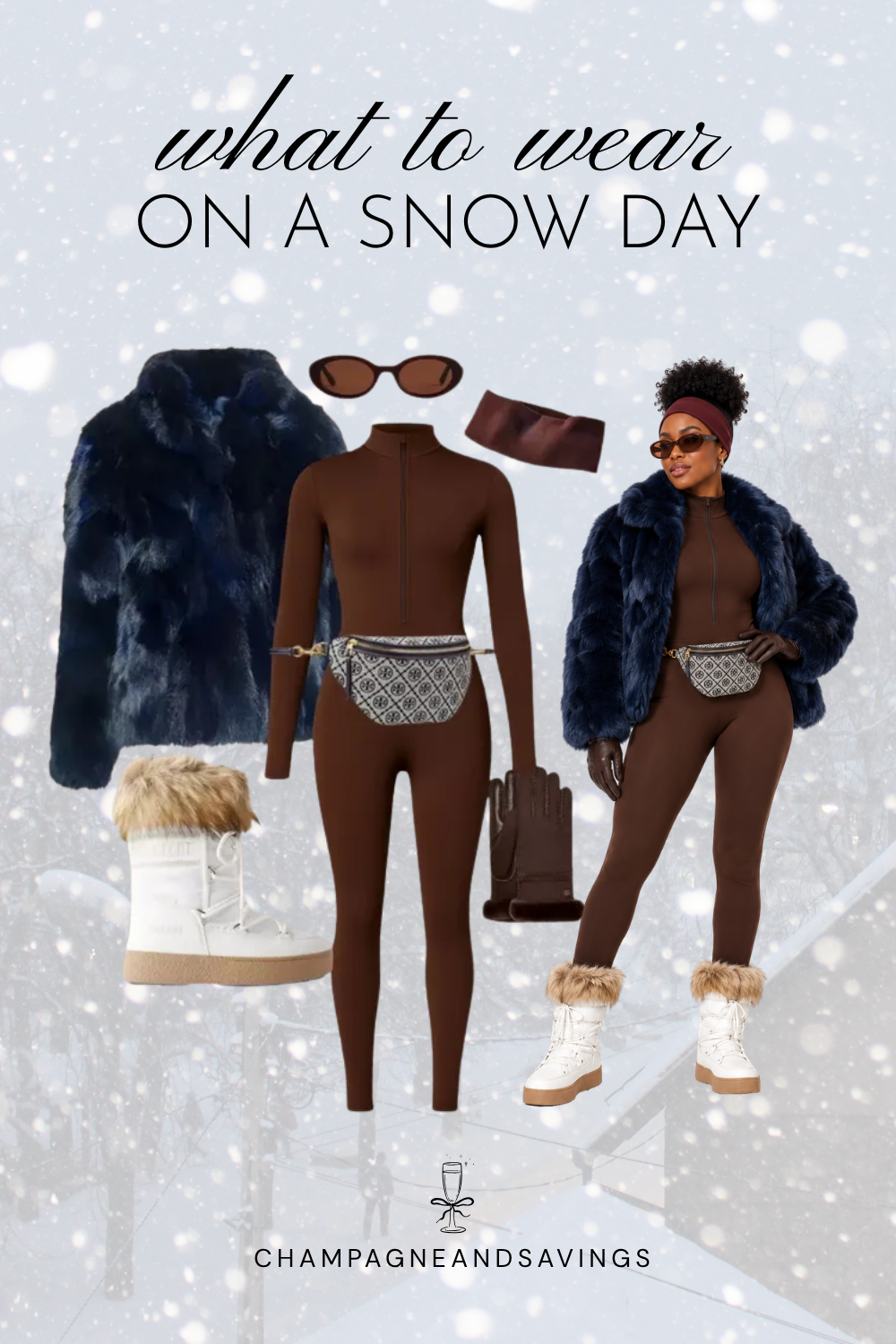 Trendy snow day outfit idea featuring a faux fur coat, fitted jumpsuit, and snow boots, shown in a collage of outfit pieces.