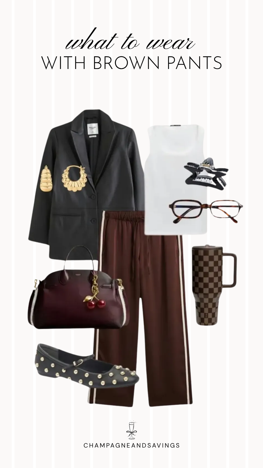 Brown pants outfit idea collage featuring a leather blazer styled with brown track pants for a chic, elevated casual look.