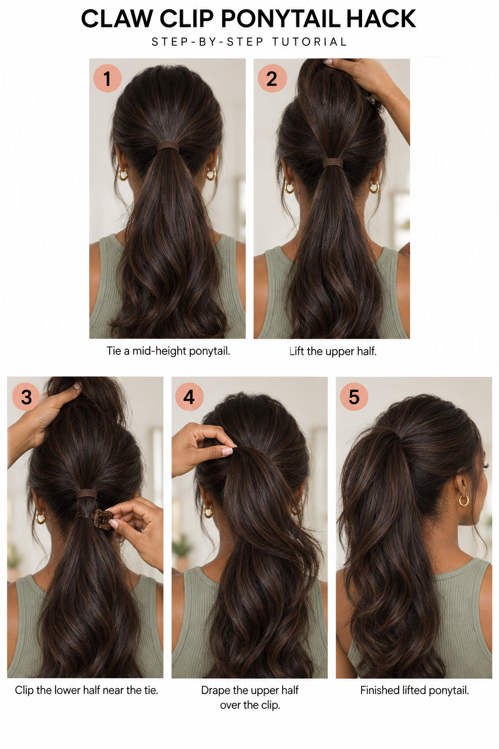Step by step tutorial on how to do a claw clip ponytail hack.