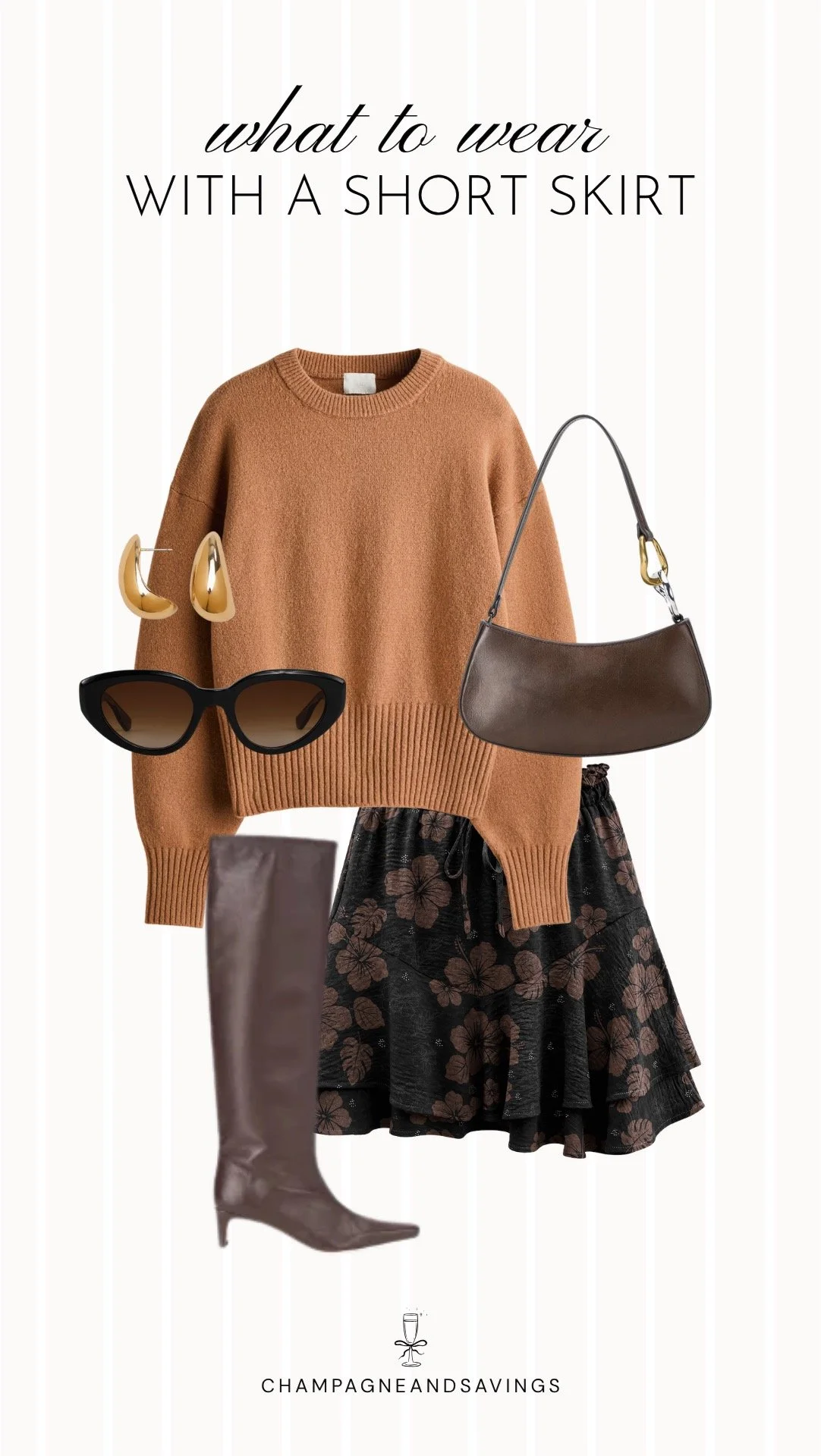 Collage of outfit pieces featuring a short skirt with a floral print styled with knee high boots for a feminine, trendy outfit idea.