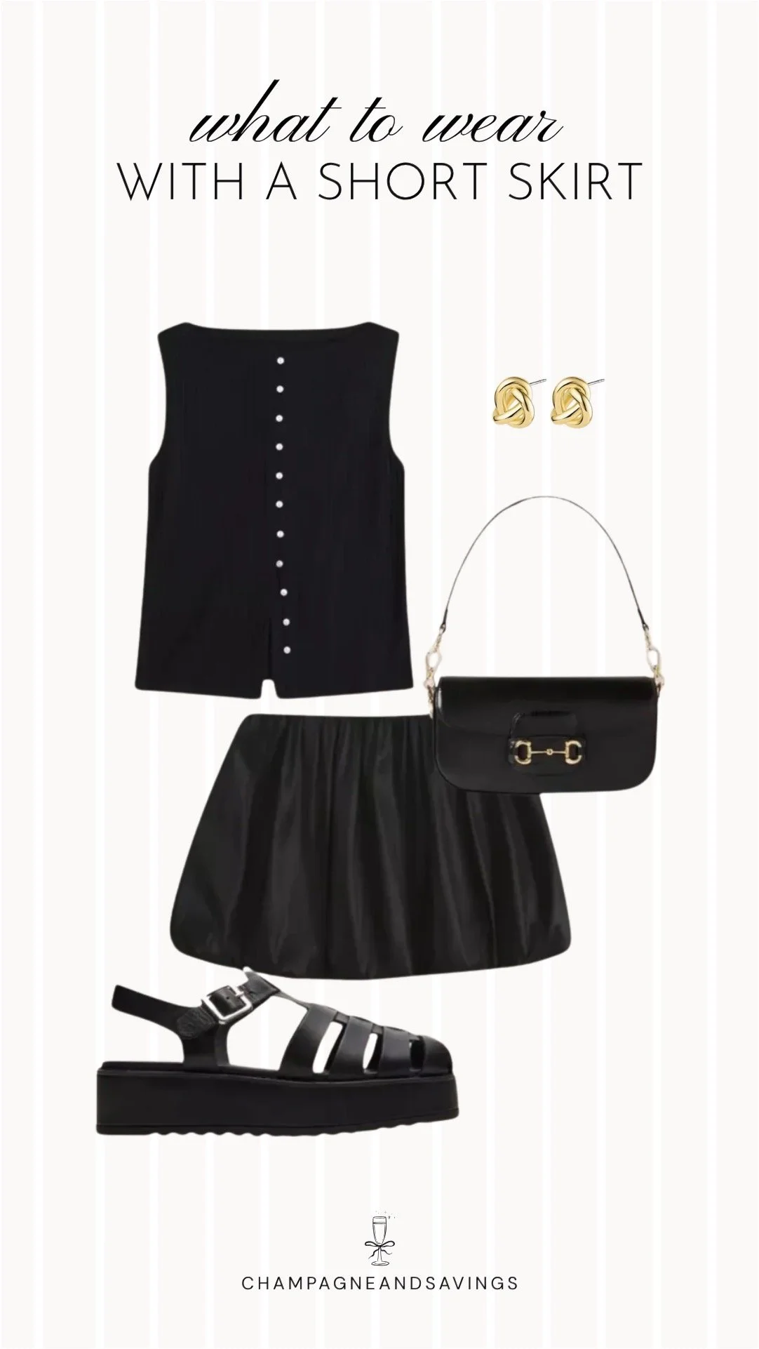 Collage of outfit pieces featuring a bubble hem short skirt styled with fisherman sandals for a trendy, playful outfit idea.