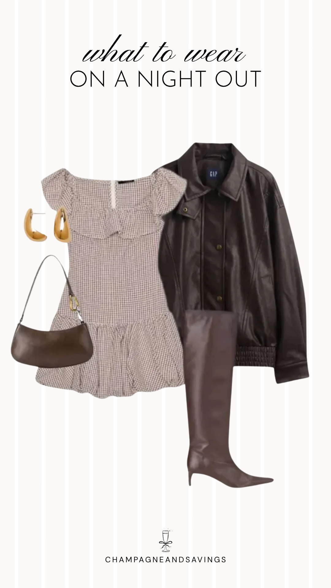 Fall going out outfit idea featuring a gingham dress layered with a leather jacket and tall boots, styled in a collage of outfit pieces for a trendy autumn night out look.