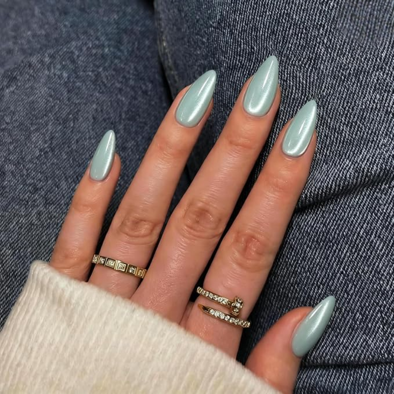Fall chrome nail idea featuring sage pearl chrome